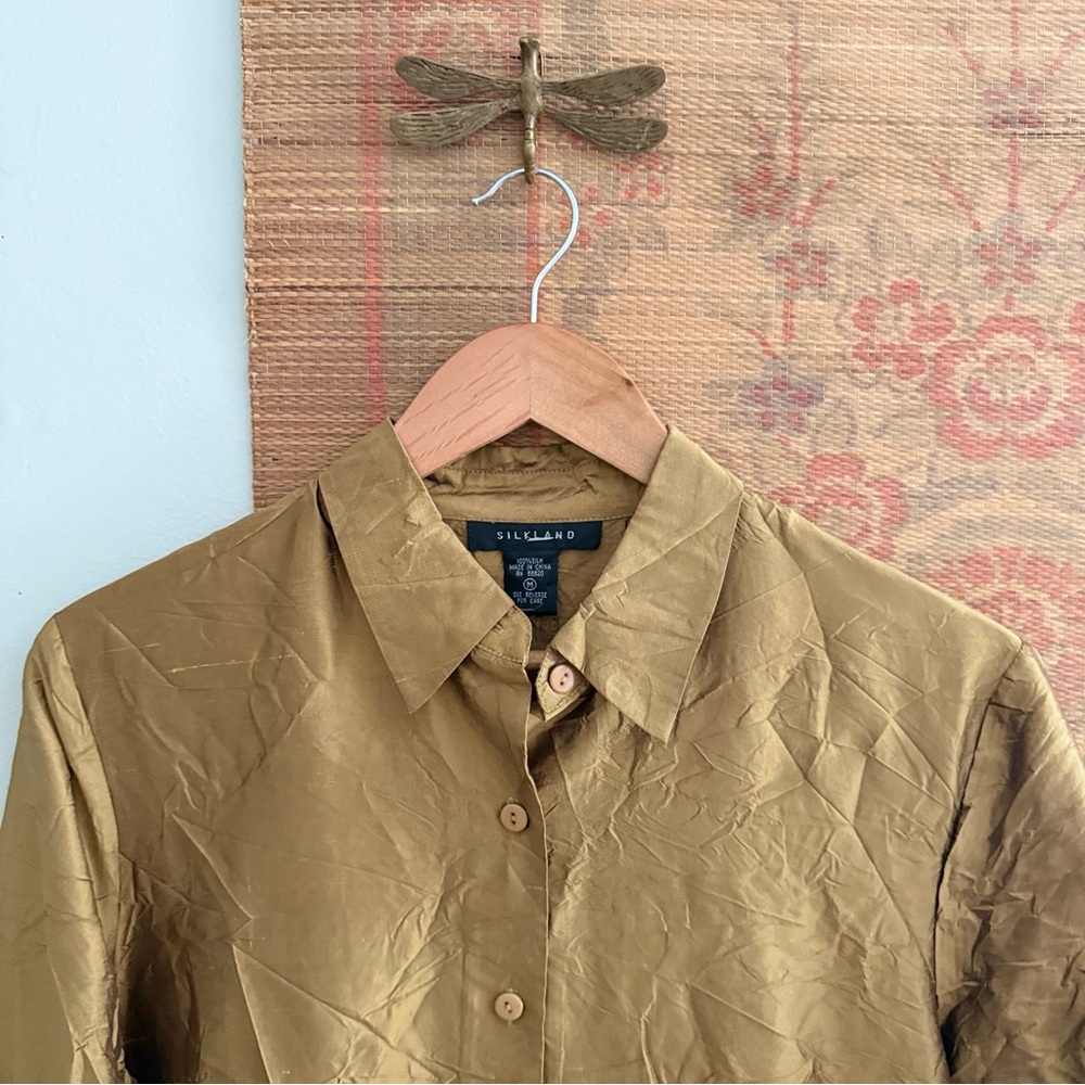 Vintage Unlined Olive Gold Silk Crinkle Button Down Shirt Dress Medium - Picture 4 of 7
